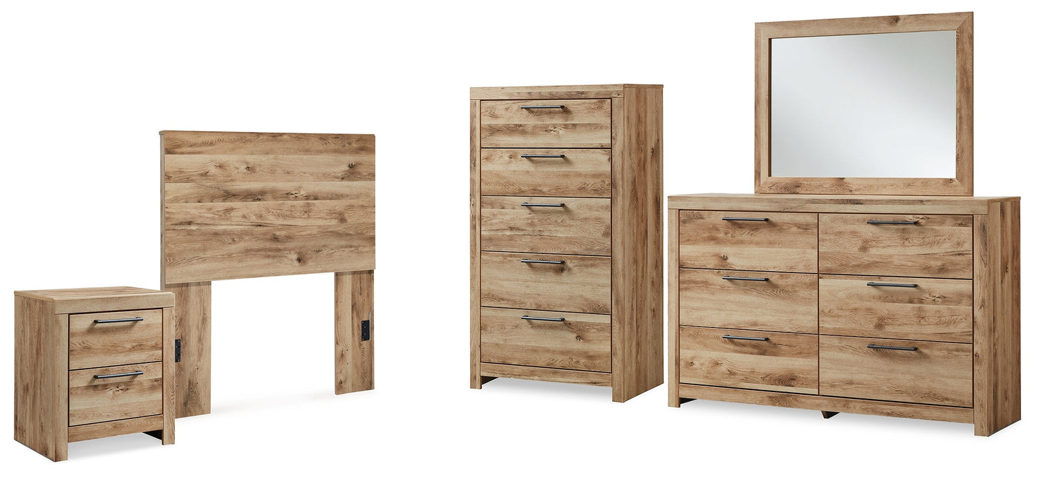 Hyanna Twin Panel Headboard with Mirrored Dresser, Chest and Nightstand in Tan Brown - PKG015276