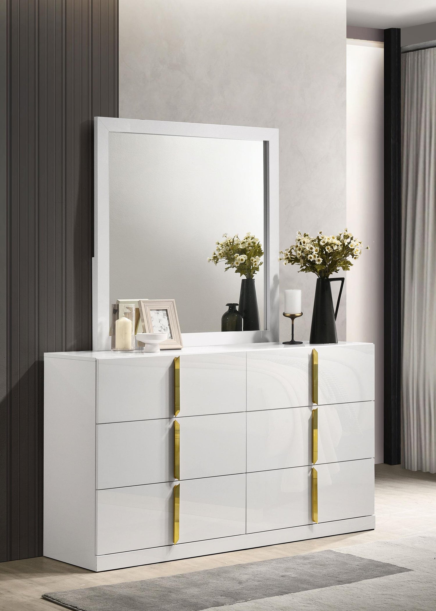 Ines 6-drawer Bedroom Dresser with Mirror White High Gloss - 223093M