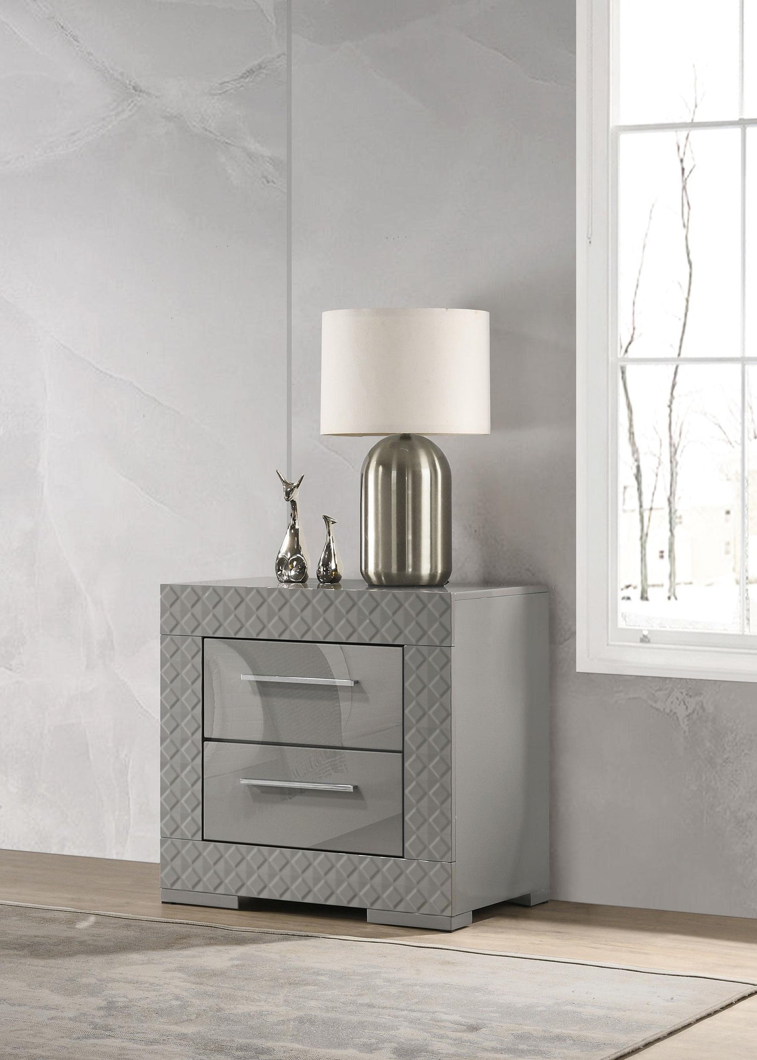 Ives 2-drawer Nightstand Bedside Table Grey High Gloss - 224972