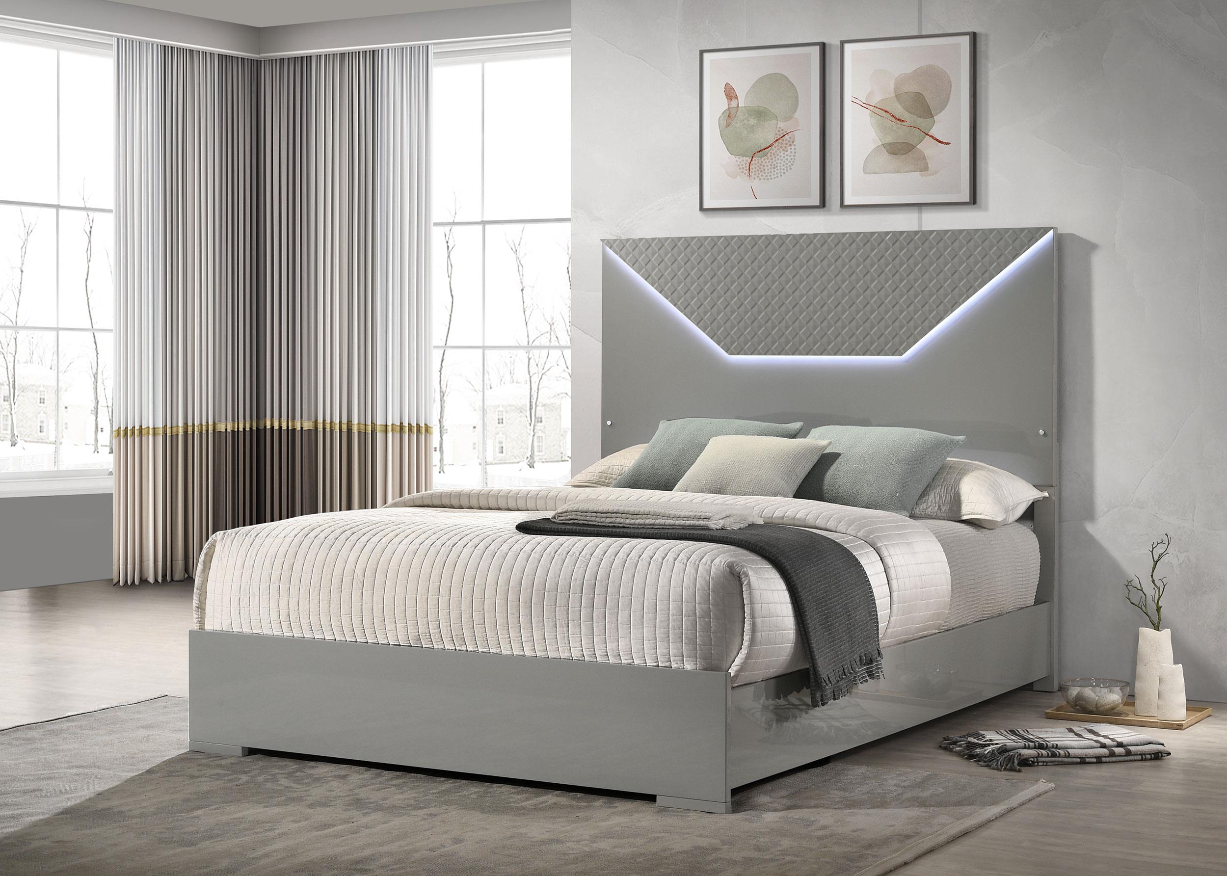 Ives Eastern King Panel Bed LED Headboard Grey High Gloss - 224971KE