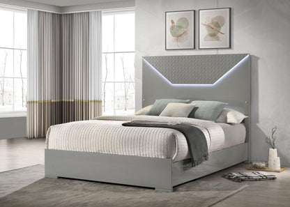 Ives Eastern King Panel Bed LED Headboard Grey High Gloss - 224971KE
