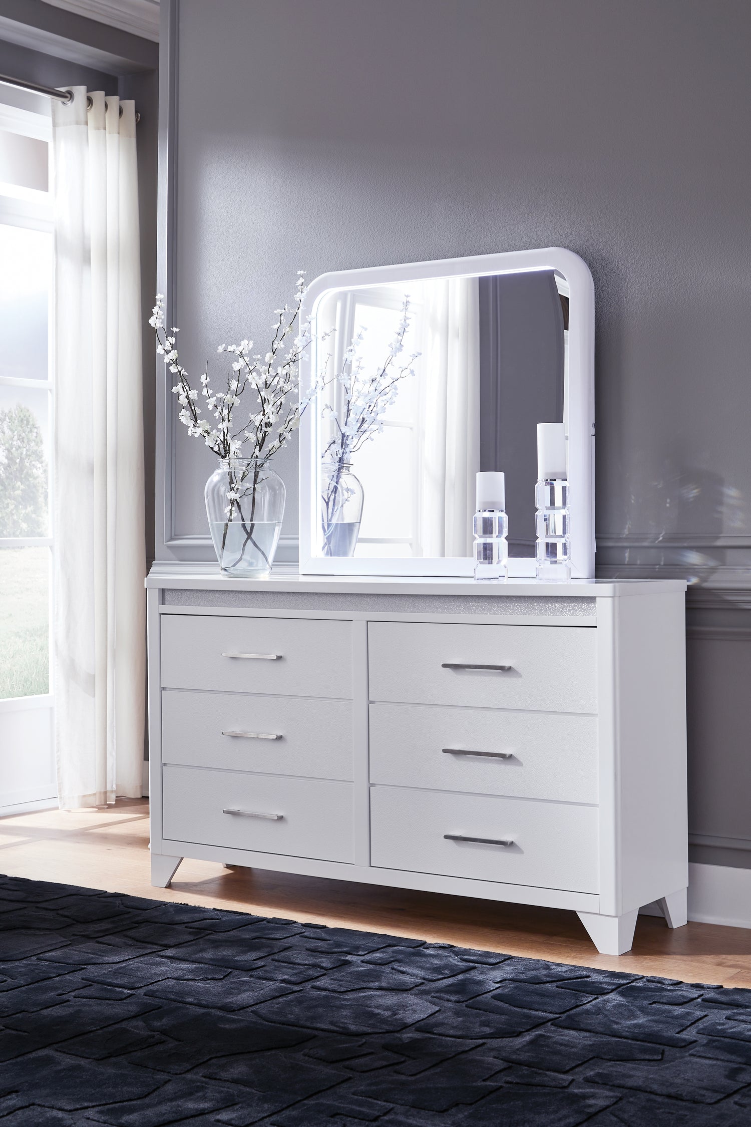 Jarlee Queen Upholstered Panel Bed, Dresser, Mirror, Chest and 2 Nightstands - PCB392B8