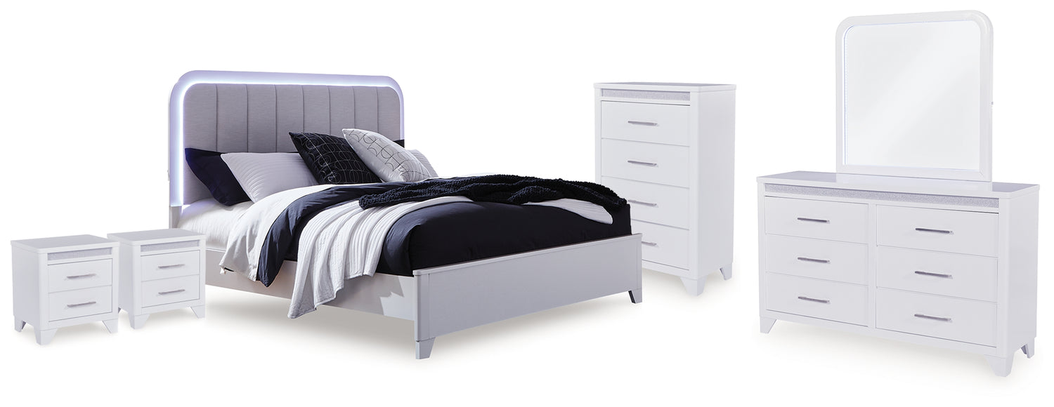 Jarlee Queen Upholstered Panel Bed, Dresser, Mirror, Chest and 2 Nightstands - PCB392B8