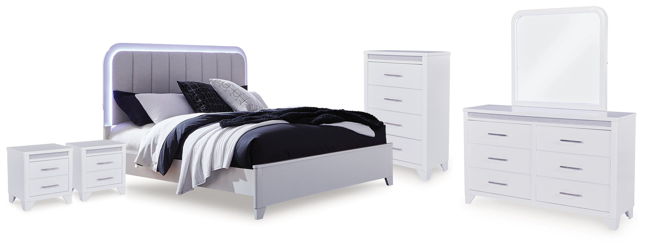Jarlee Queen Upholstered Panel Bed, Dresser, Mirror, Chest and 2 Nightstands - PCB392B8