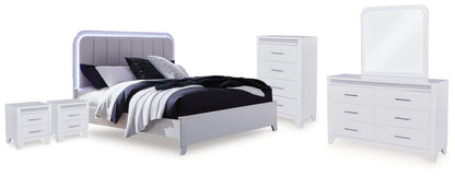 Jarlee Queen Upholstered Panel Bed, Dresser, Mirror, Chest and 2 Nightstands - PCB392B8