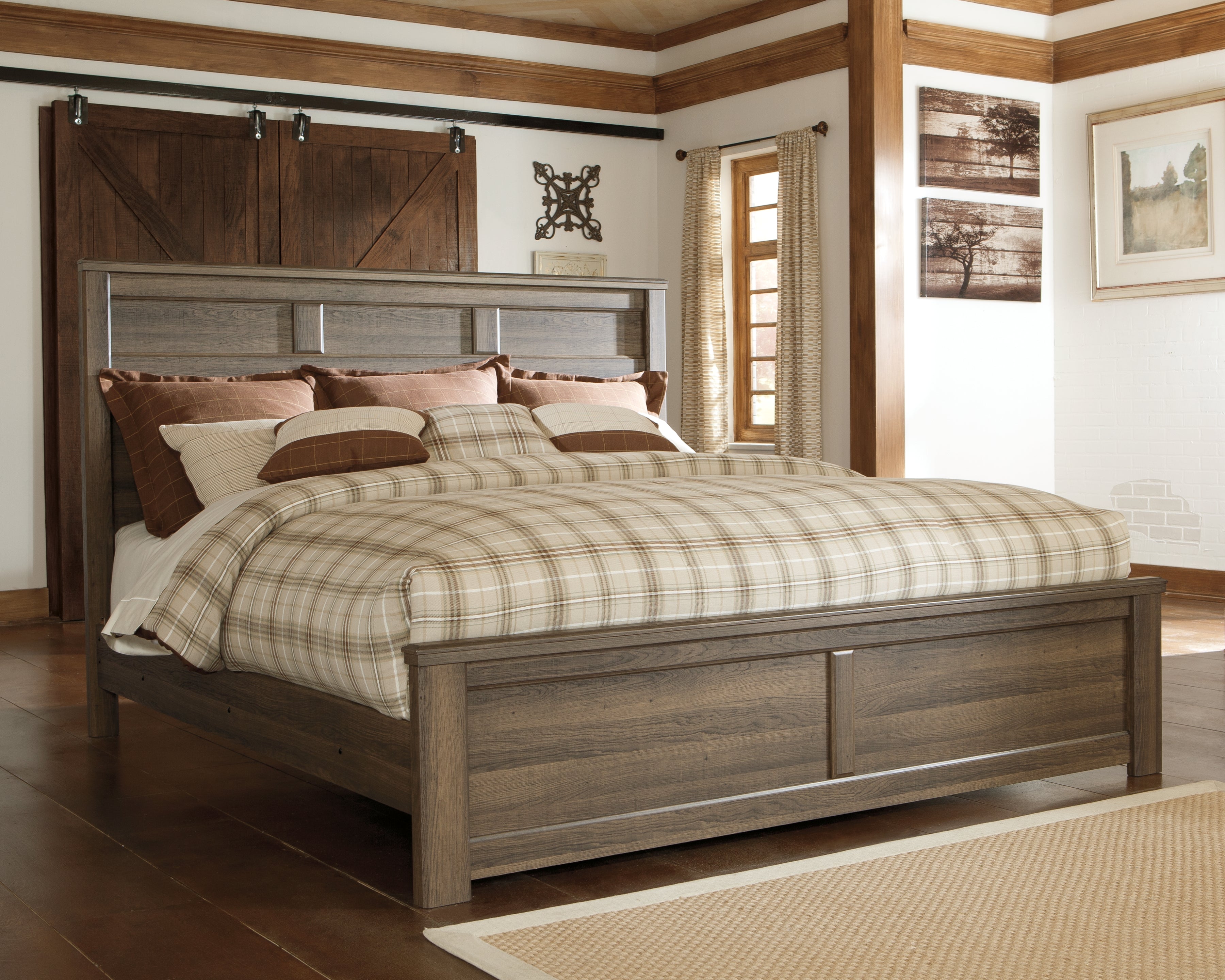 Juararo California King Panel Bed with Mirrored Dresser, Chest and Nightstand in Dark Brown from Ashley - Luna Furniture