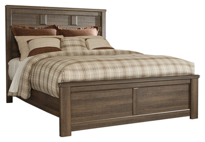Juararo California King Panel Bed with Mirrored Dresser, Chest and Nightstand in Dark Brown from Ashley - Luna Furniture