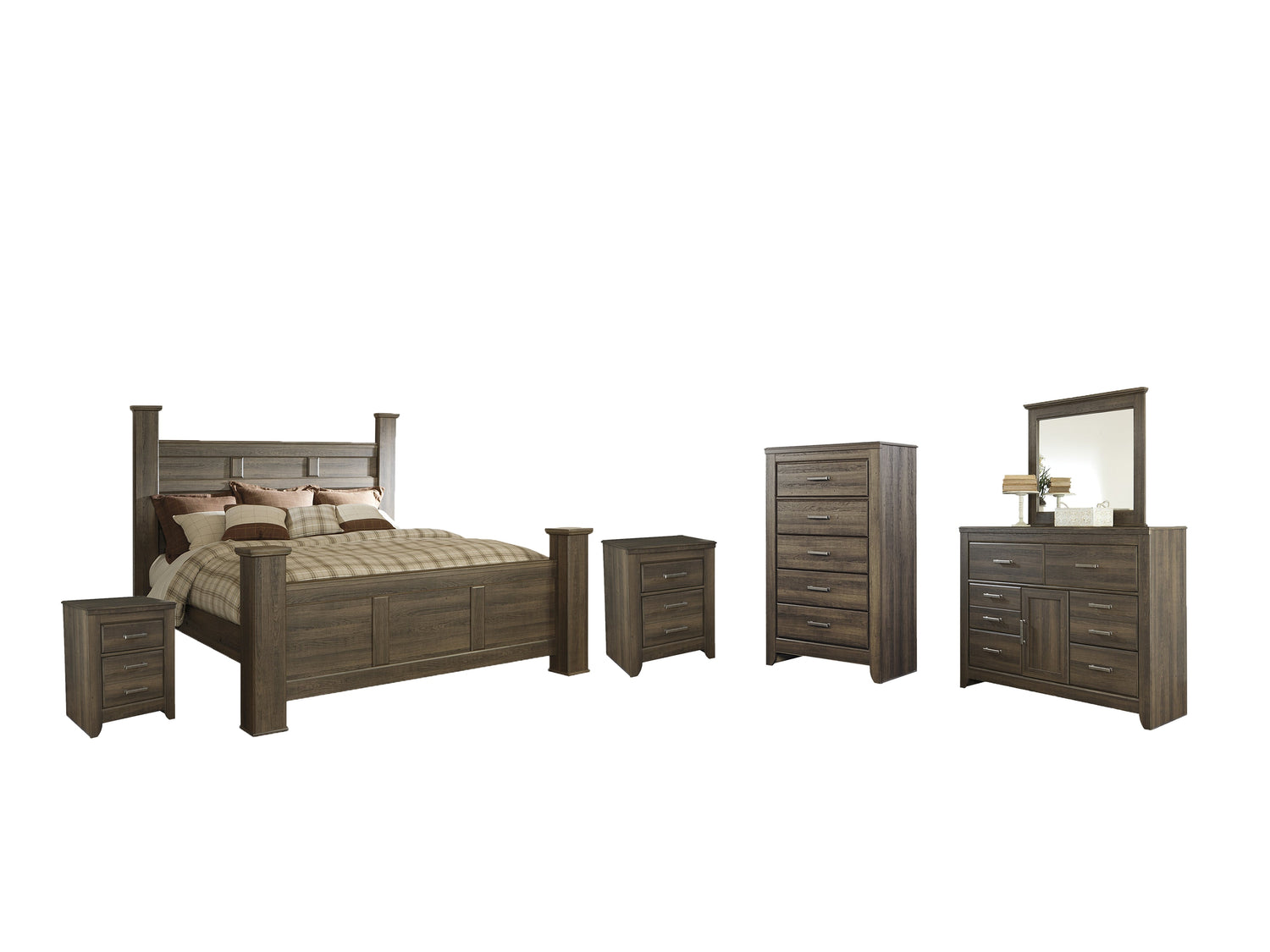 Juararo California King Poster Bed with Mirrored Dresser, Chest and 2 Nightstands in Dark Brown from Ashley - Luna Furniture
