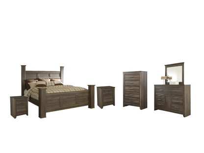 Juararo California King Poster Bed with Mirrored Dresser, Chest and 2 Nightstands in Dark Brown from Ashley - Luna Furniture