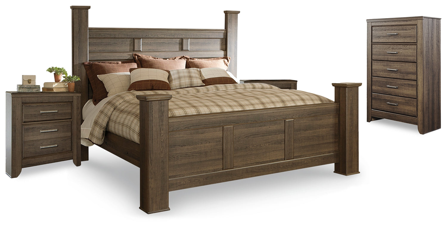 Juararo Dark Brown King Poster Bed, Chest and 2 Nightstands - B251B33