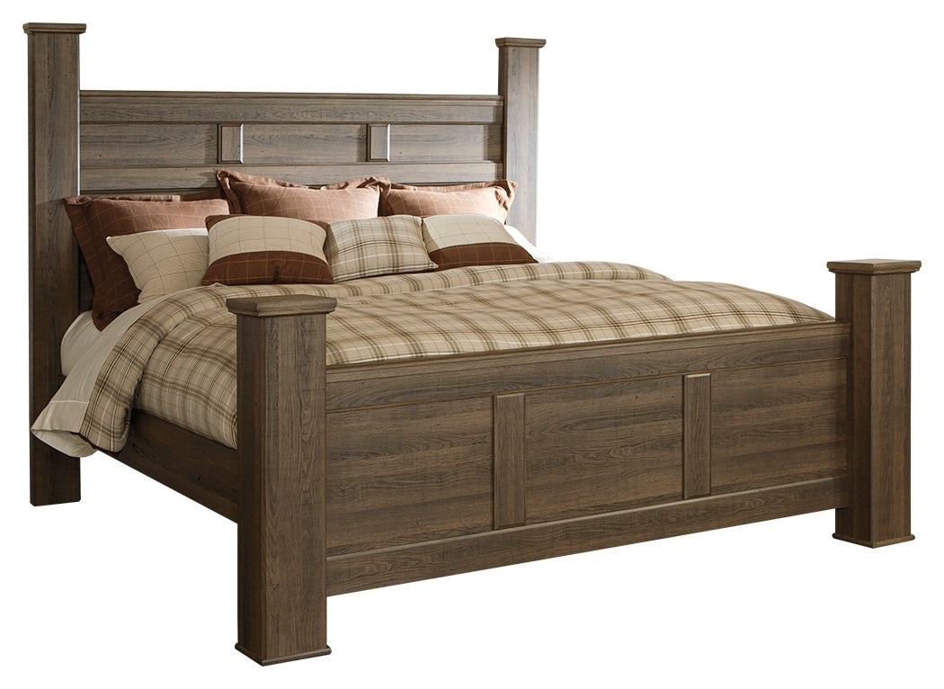 Juararo King Poster Bed with Mirrored Dresser and Chest in Dark Brown from Ashley - Luna Furniture