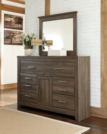 Juararo Queen Panel Bed with Mirrored Dresser in Dark Brown - PKG004082