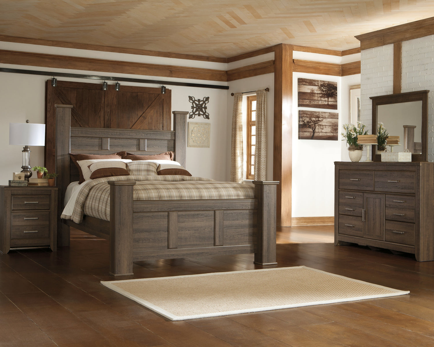 Juararo Queen Poster Bed with Mirrored Dresser and Chest in Dark Brown from Ashley - Luna Furniture