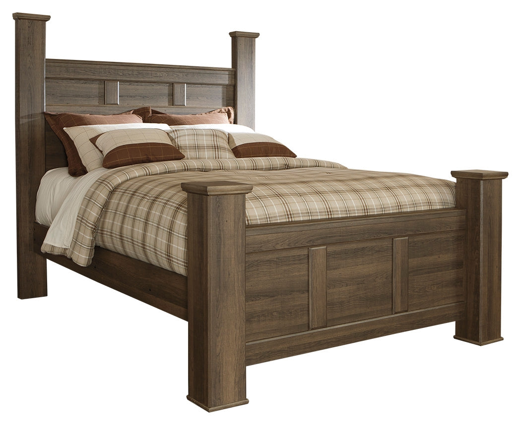 Juararo Queen Poster Bed with Mirrored Dresser and Chest in Dark Brown from Ashley - Luna Furniture
