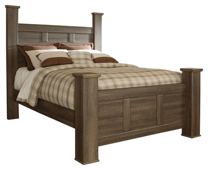 Juararo Queen Poster Bed with Mirrored Dresser and Chest in Dark Brown from Ashley - Luna Furniture