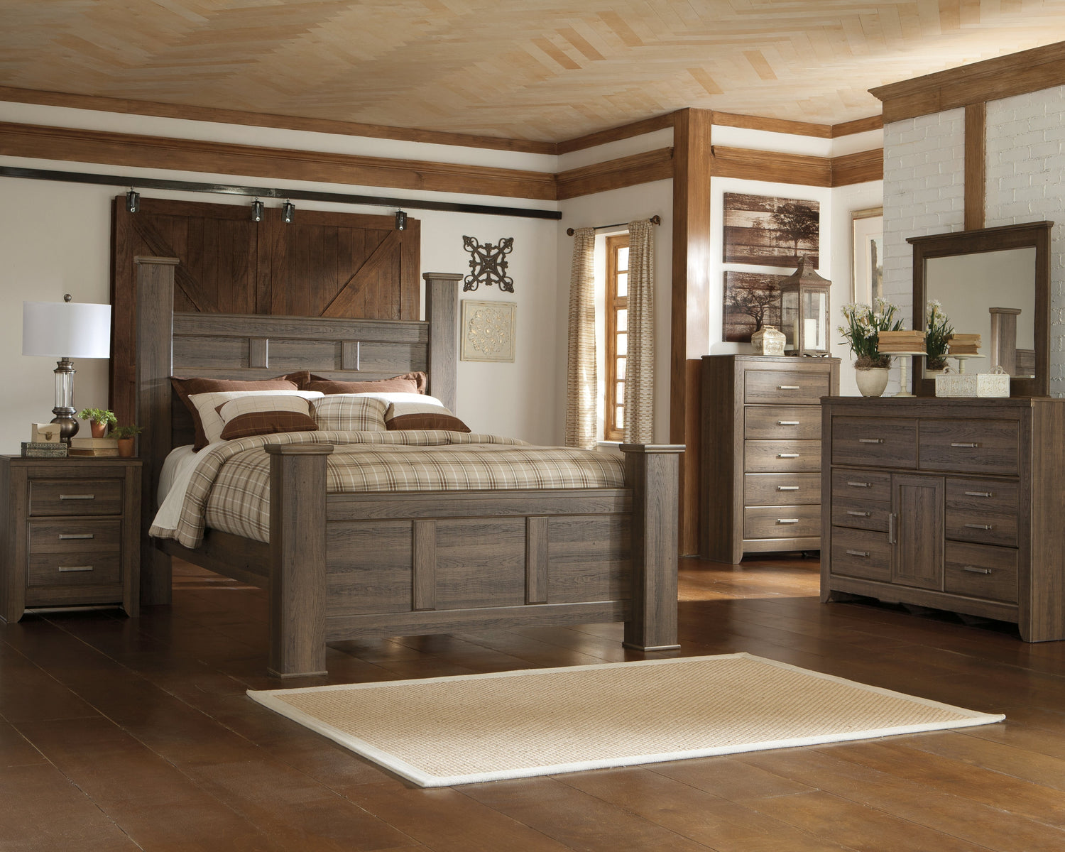 Juararo Queen Poster Bed with Mirrored Dresser, Chest and 2 Nightstands in Dark Brown from Ashley - Luna Furniture