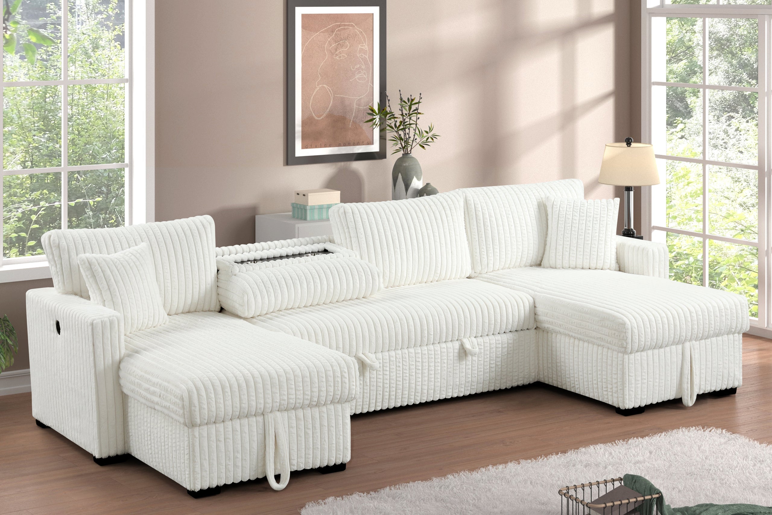 July Beige Double Storage Chaise Sectional (w/ Pull Out Bed) - JULY BEIGE