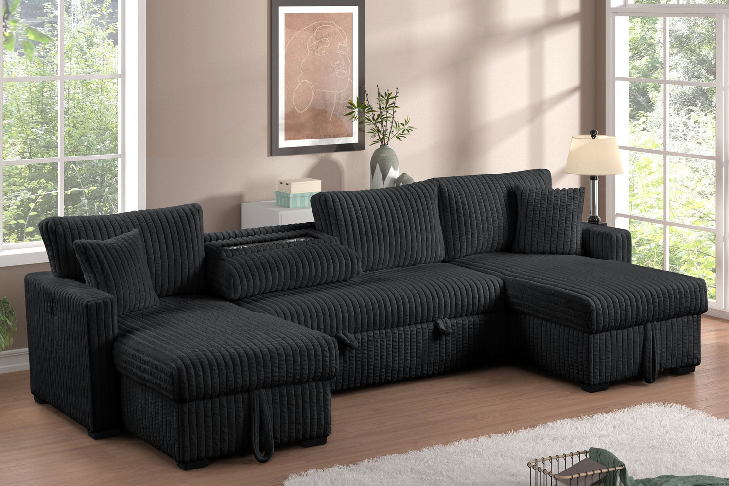 July Black Double Storage Chaise Sectional (w/ Pull Out Bed) - JULY BLACK