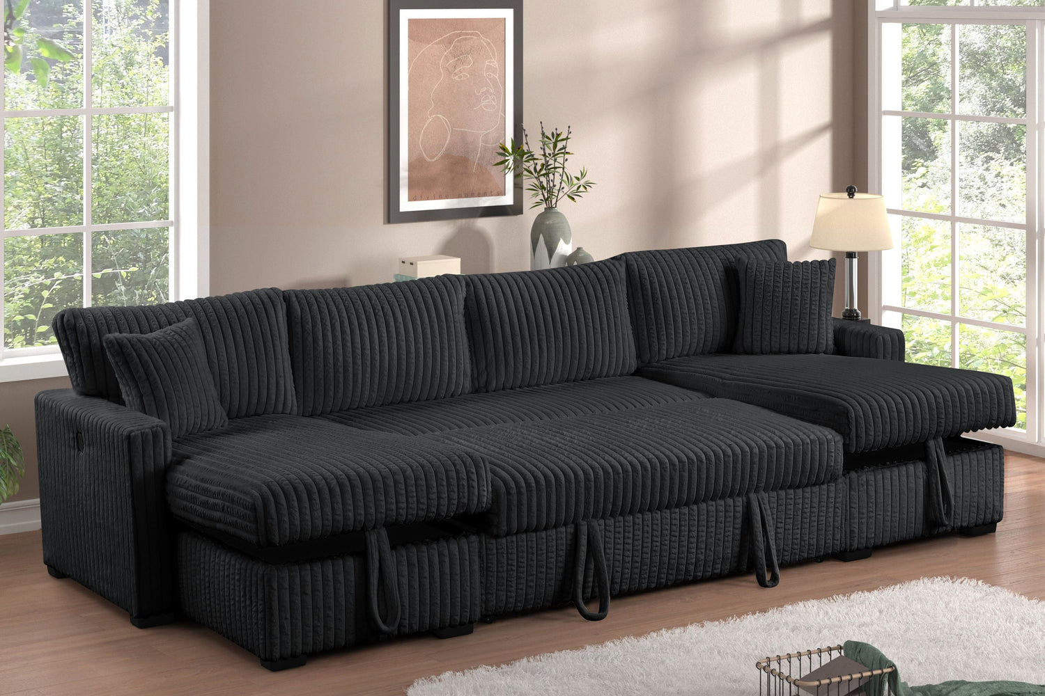 July Black Double Storage Chaise Sectional (w/ Pull Out Bed) - JULY BLACK