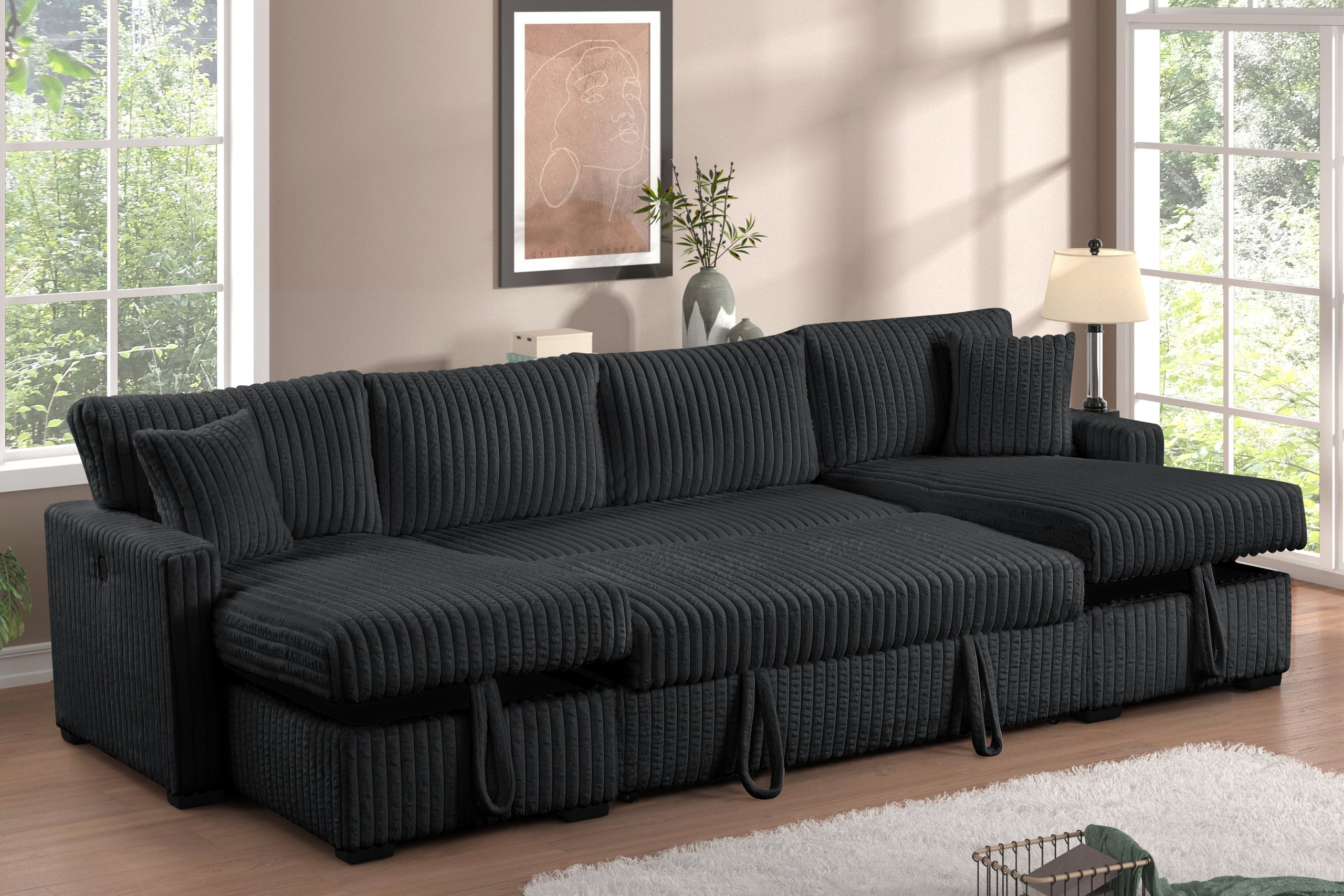 July Black Double Storage Chaise Sectional (w/ Pull Out Bed) - JULY BLACK