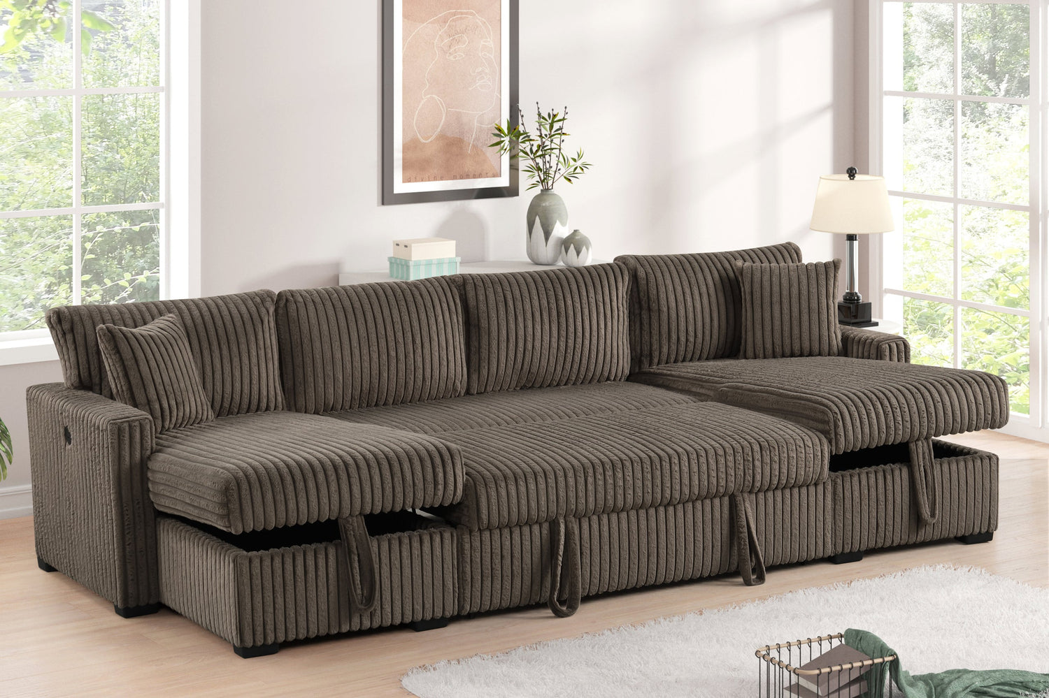 July Mocha Double Storage Chaise Sectional (w/ Pull Out Bed) - JULY MOCHA