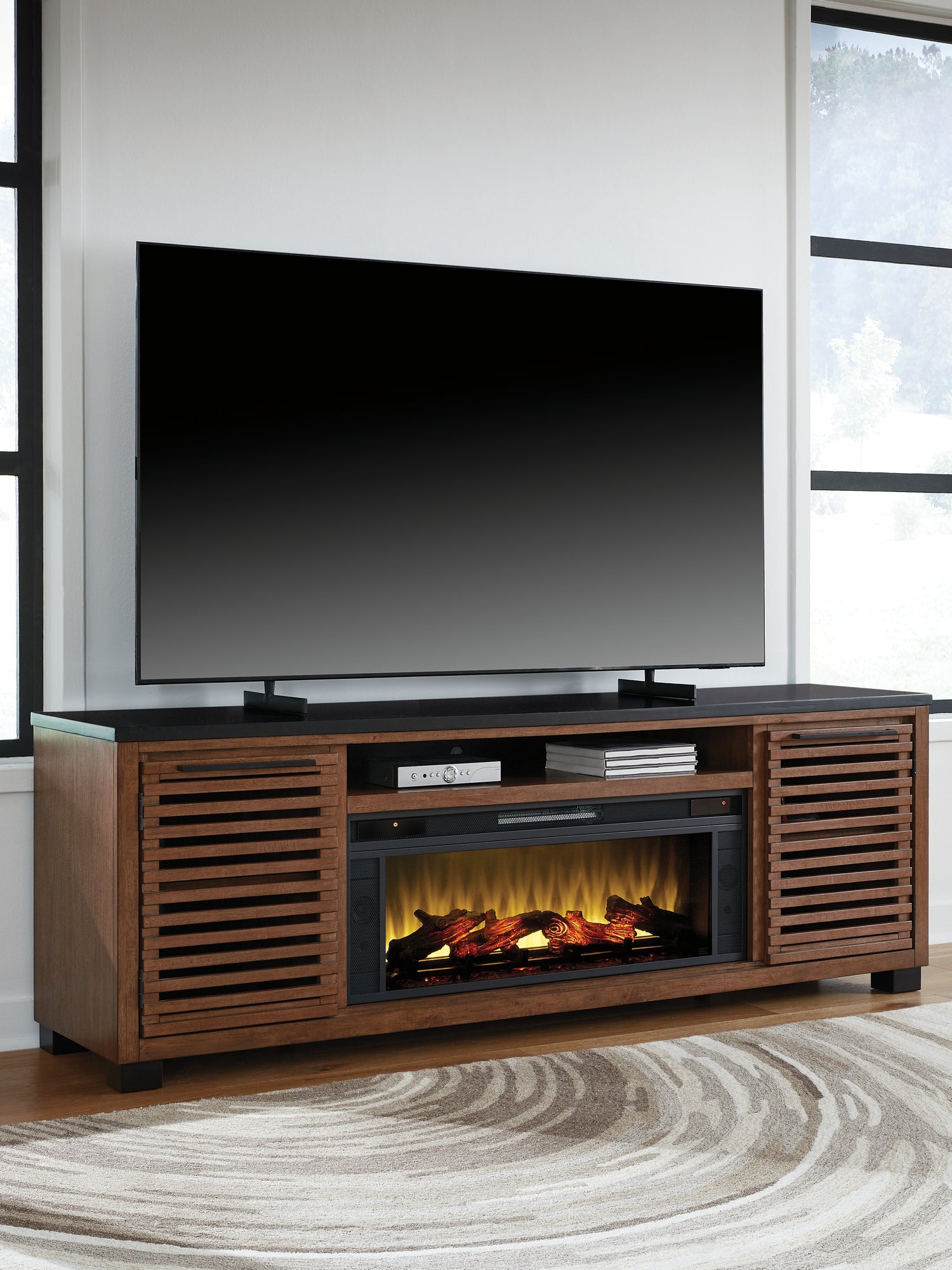 Kallari Warm Brown/Black 84" TV Stand with Electric Fireplace - W737W1