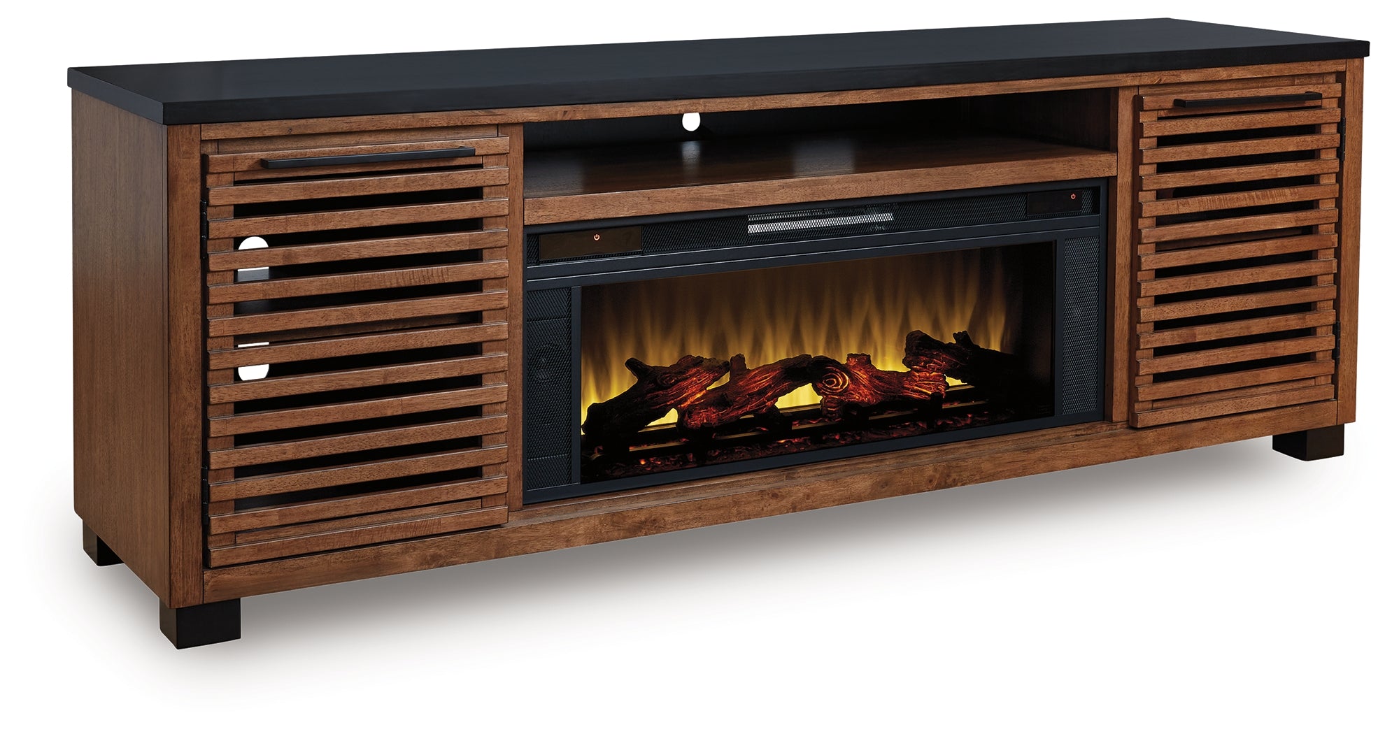 Kallari Warm Brown/Black 84" TV Stand with Electric Fireplace - W737W1