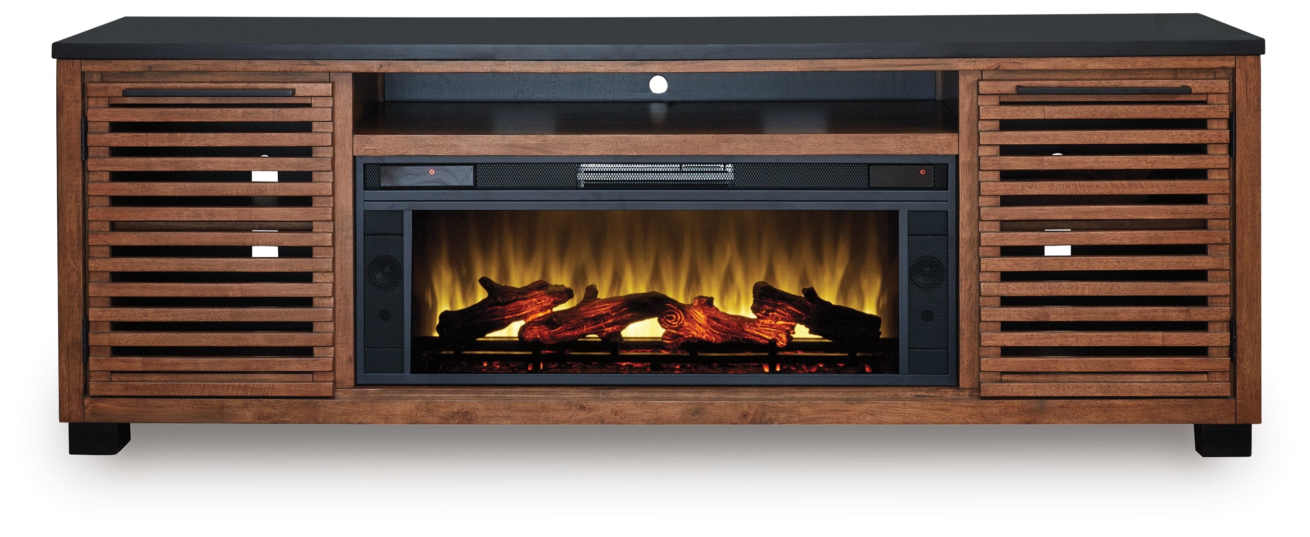 Kallari Warm Brown/Black 84" TV Stand with Electric Fireplace - W737W1
