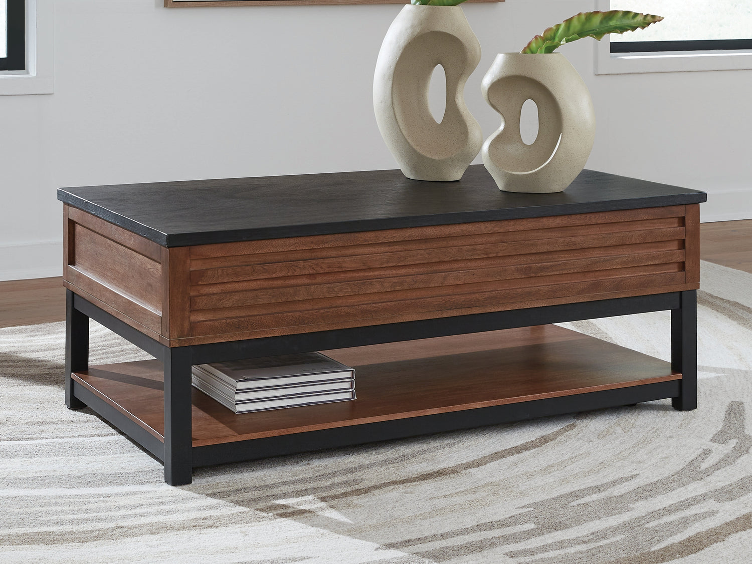 Kallari Warm Brown/Black Lift-Top Coffee Table - T737-9