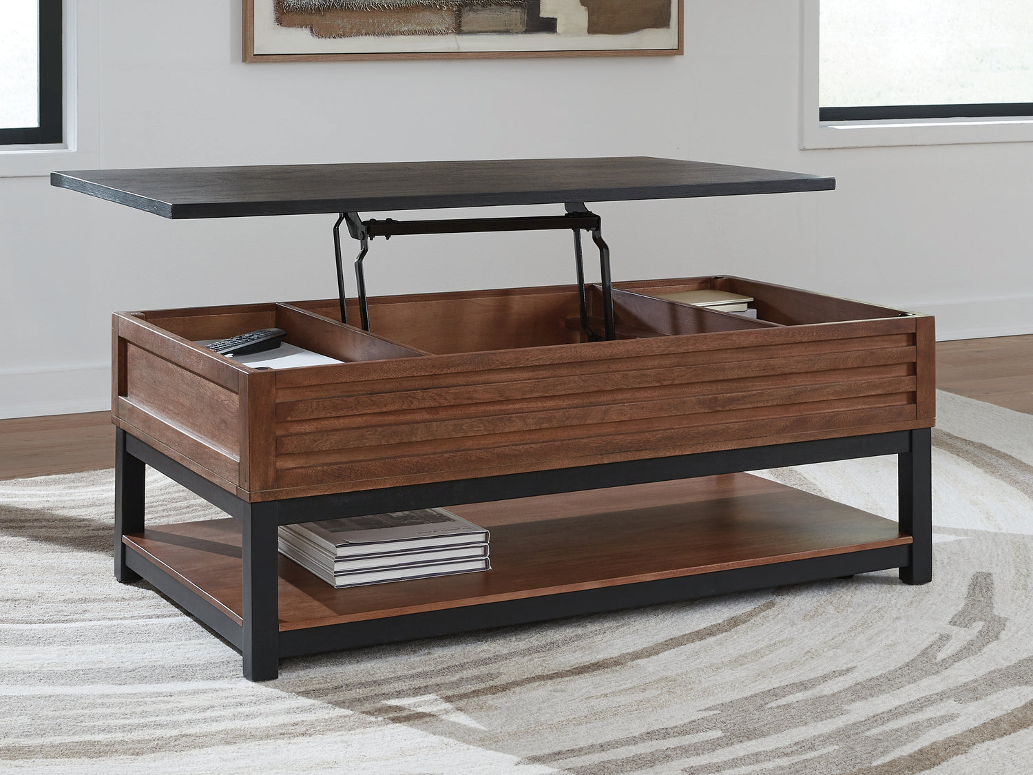 Kallari Warm Brown/Black Lift-Top Coffee Table - T737-9