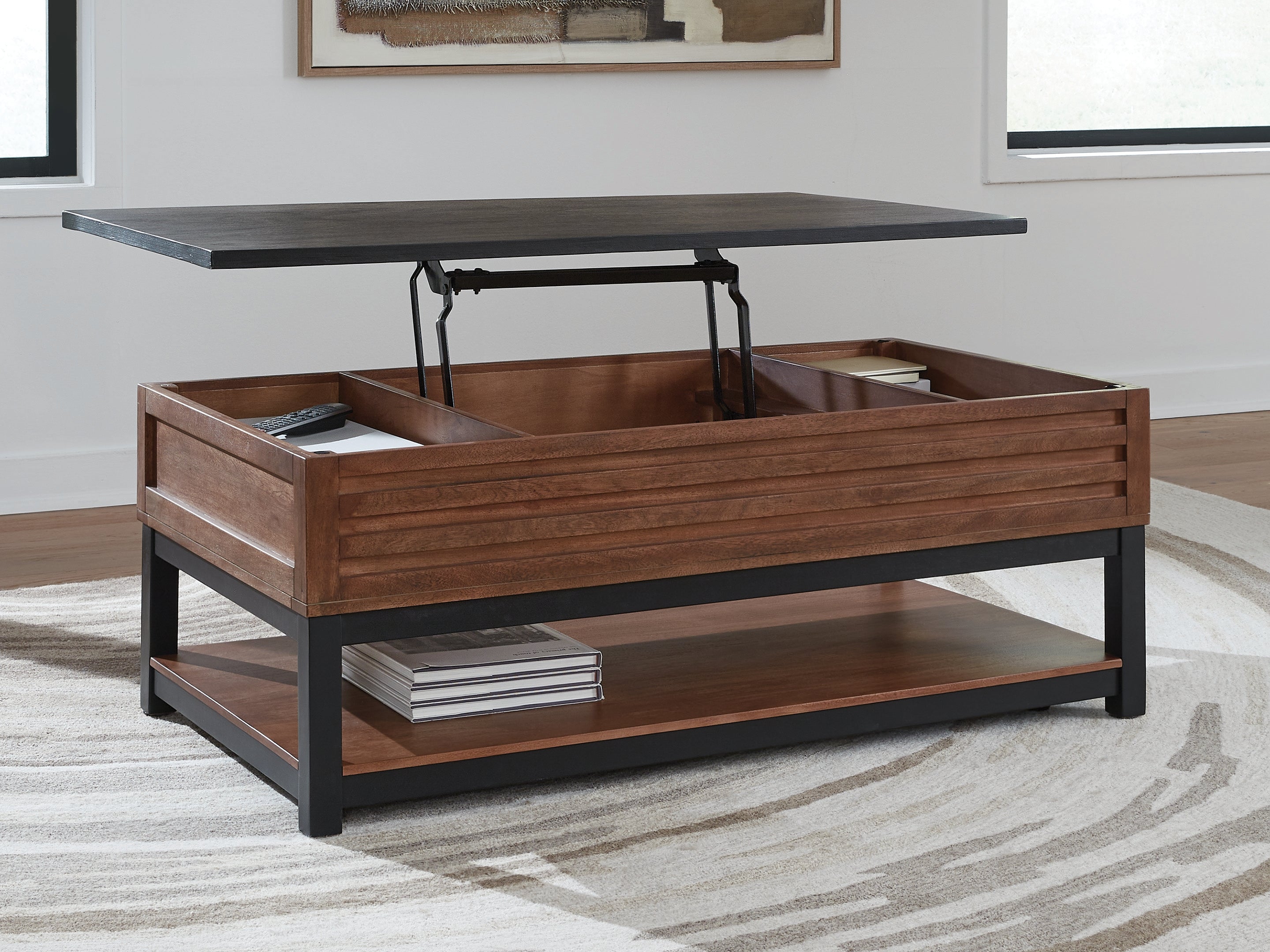 Kallari Warm Brown/Black Lift-Top Coffee Table - T737-9