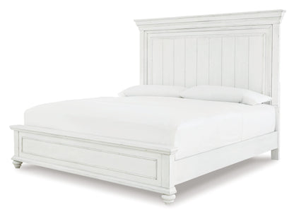 Kanwyn King Panel Bed with Mirrored Dresser and Chest in Whitewash - PKG007945