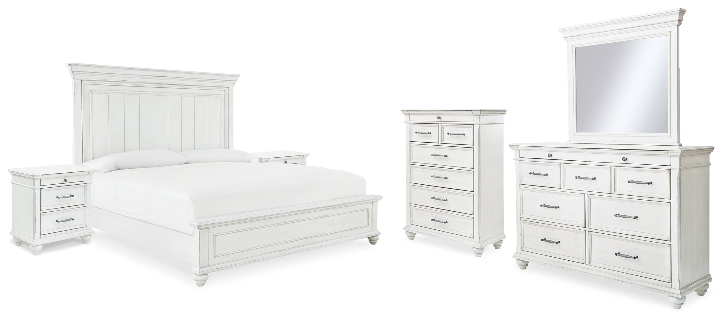 Kanwyn King Panel Bed with Mirrored Dresser, Chest and 2 Nightstands in Whitewash from Ashley - Luna Furniture