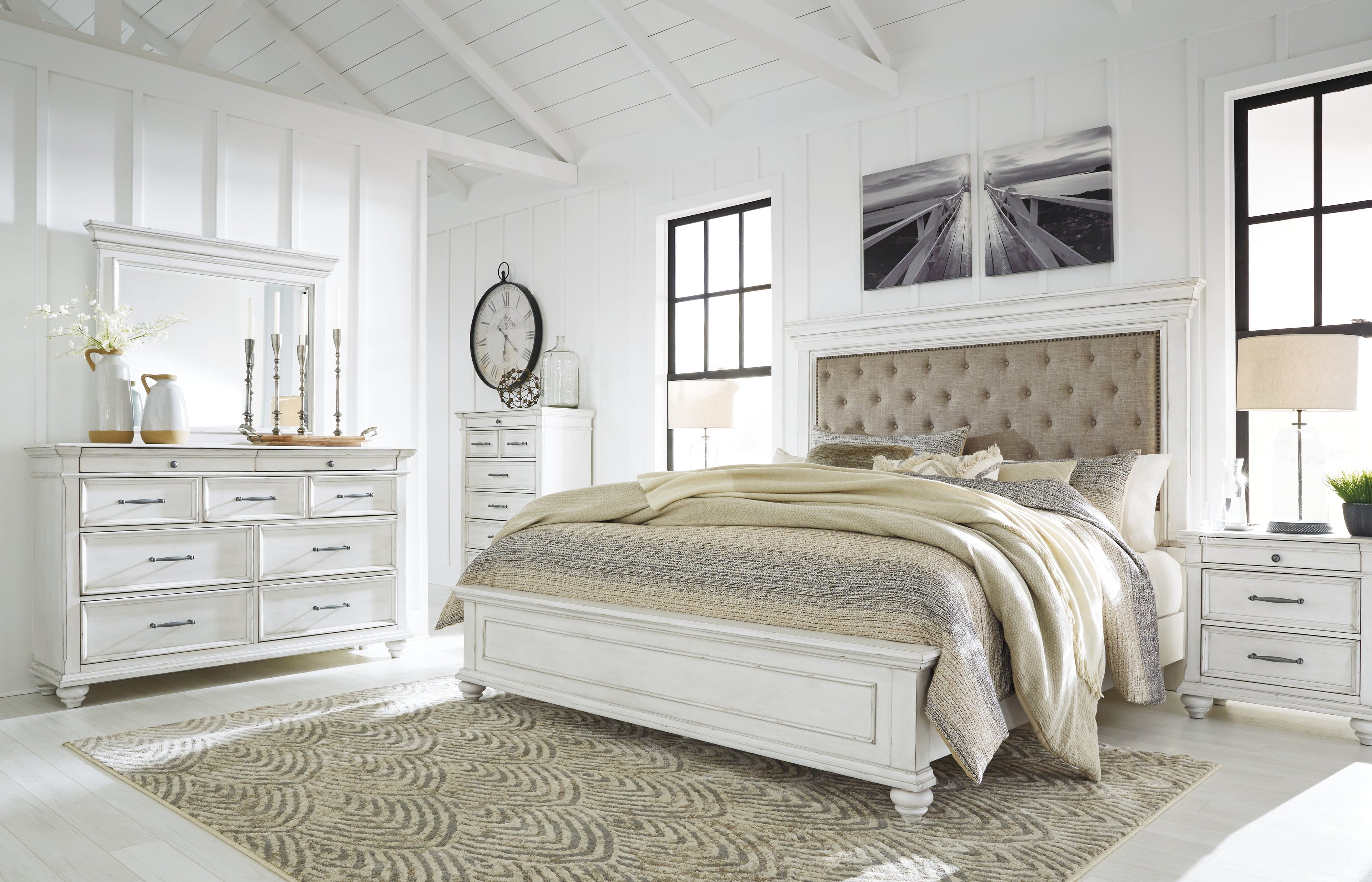 Kanwyn Queen Panel Bed with Mirrored Dresser and 2 Nightstands in Whitewash - PKG007932