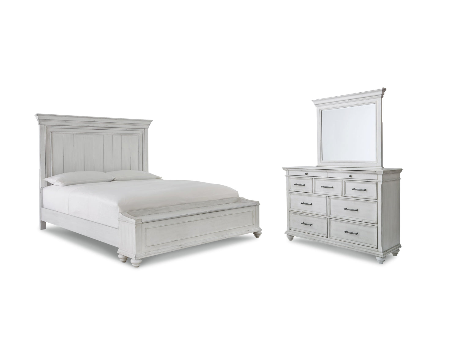 Kanwyn Queen Panel Bed with Storage with Mirrored Dresser in Whitewash from Ashley - Luna Furniture