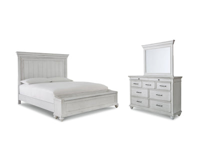 Kanwyn Queen Panel Bed with Storage with Mirrored Dresser in Whitewash from Ashley - Luna Furniture