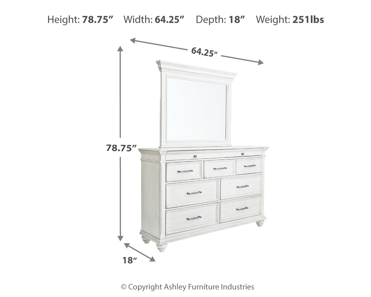 Kanwyn Whitewash Cal King Upholstered Panel Bed, Dresser, Mirror and Chest - B777B23