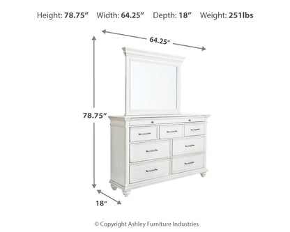 Kanwyn Whitewash Cal King Upholstered Panel Bed, Dresser, Mirror and Chest - B777B23