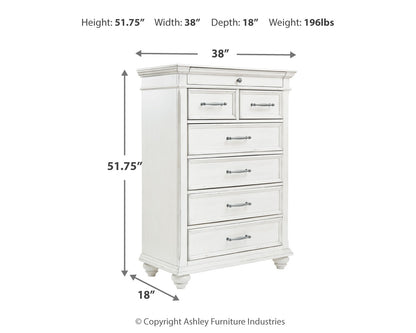 Kanwyn Whitewash Cal King Upholstered Panel Bed, Dresser, Mirror and Chest - B777B23