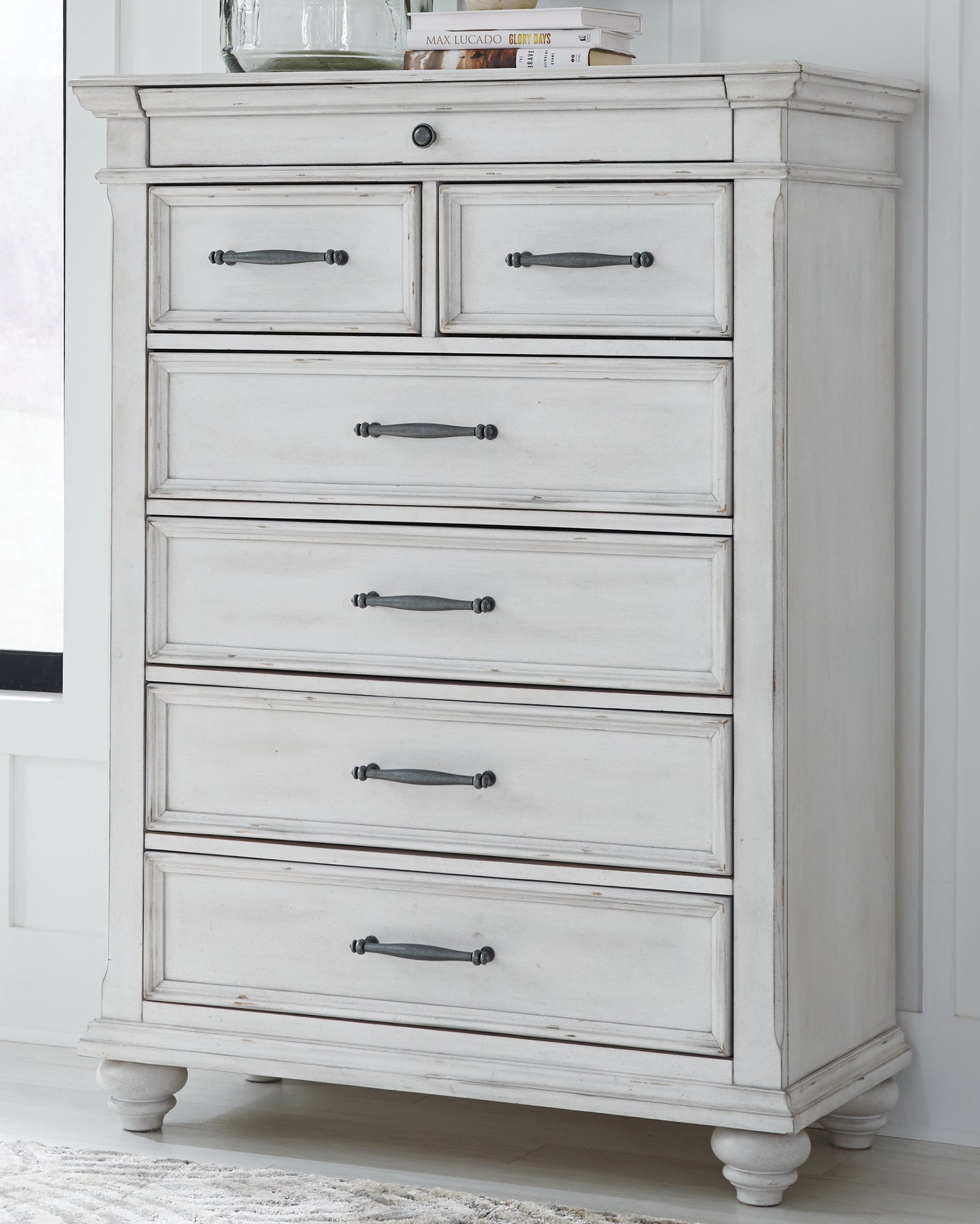 Kanwyn Whitewash Cal King Upholstered Panel Bed, Dresser, Mirror and Chest - B777B23