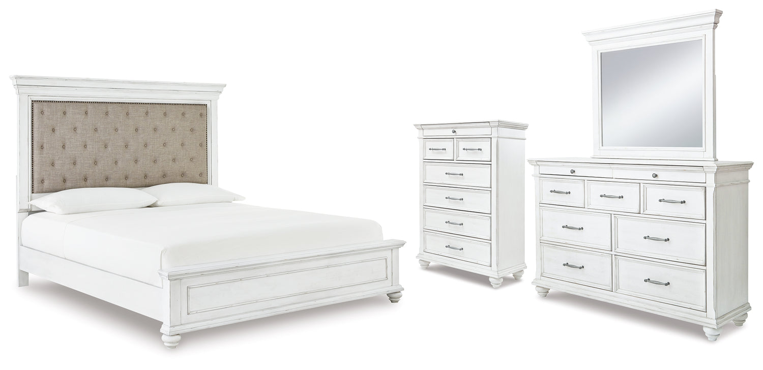 Kanwyn Whitewash Cal King Upholstered Panel Bed, Dresser, Mirror and Chest - B777B23