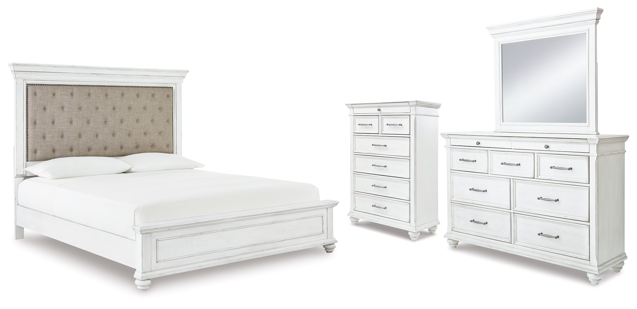 Kanwyn Whitewash Cal King Upholstered Panel Bed, Dresser, Mirror and Chest - B777B23