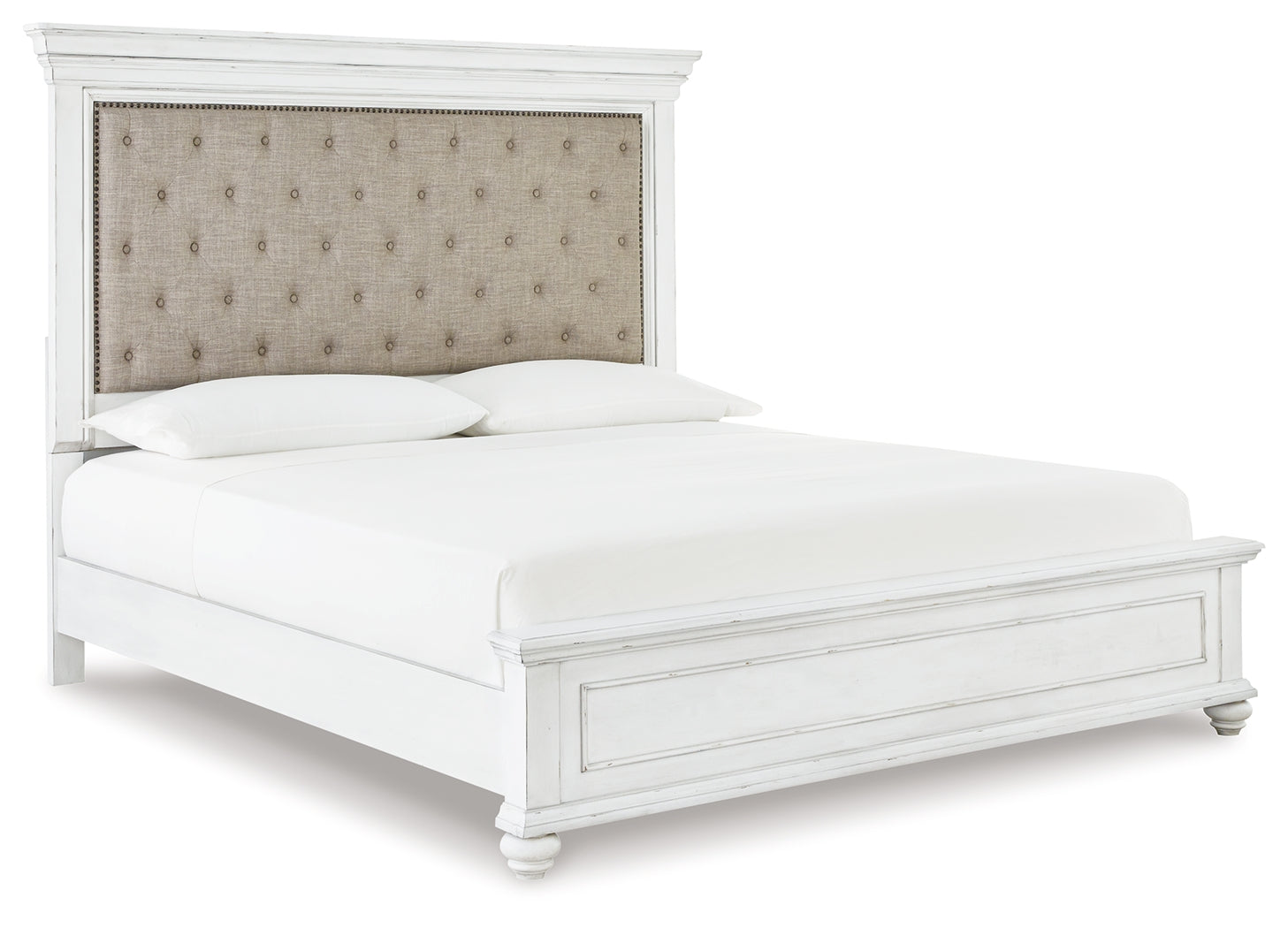 Kanwyn Whitewash Cal King Upholstered Panel Bed, Dresser, Mirror and Chest - B777B23