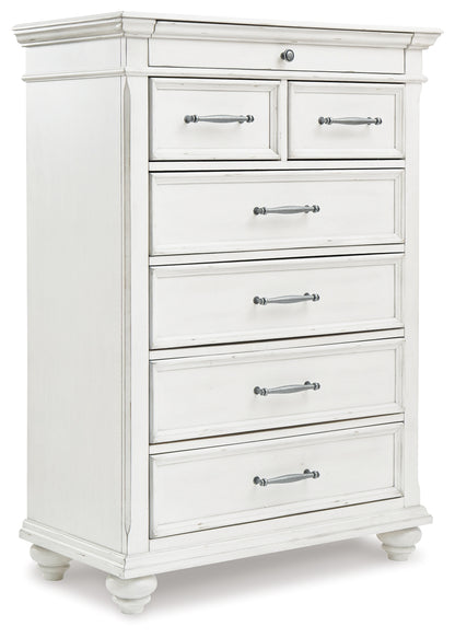 Kanwyn Whitewash Cal King Upholstered Panel Bed, Dresser, Mirror and Chest - B777B23
