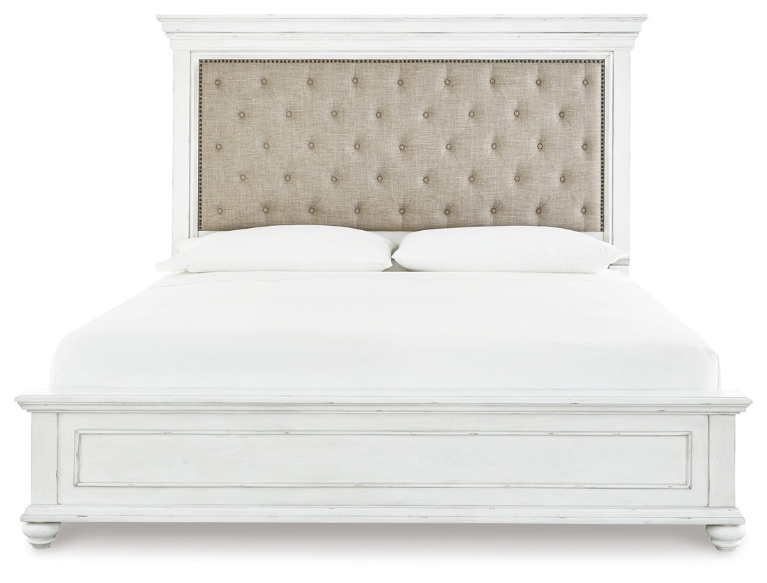 Kanwyn Whitewash King Upholstered Panel Bed, Dresser, Mirror and Chest - B777B18