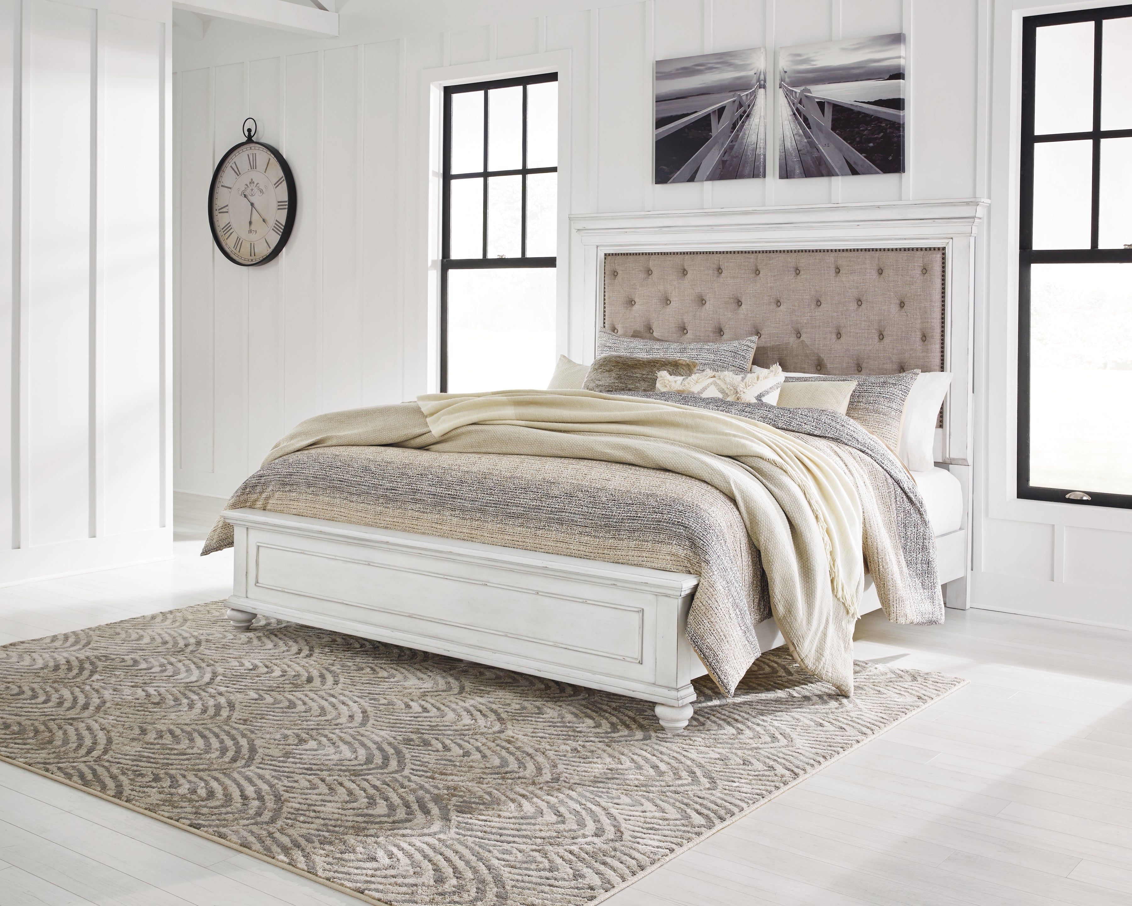 Kanwyn Whitewash King Upholstered Panel Bed, Dresser, Mirror and Chest - B777B18