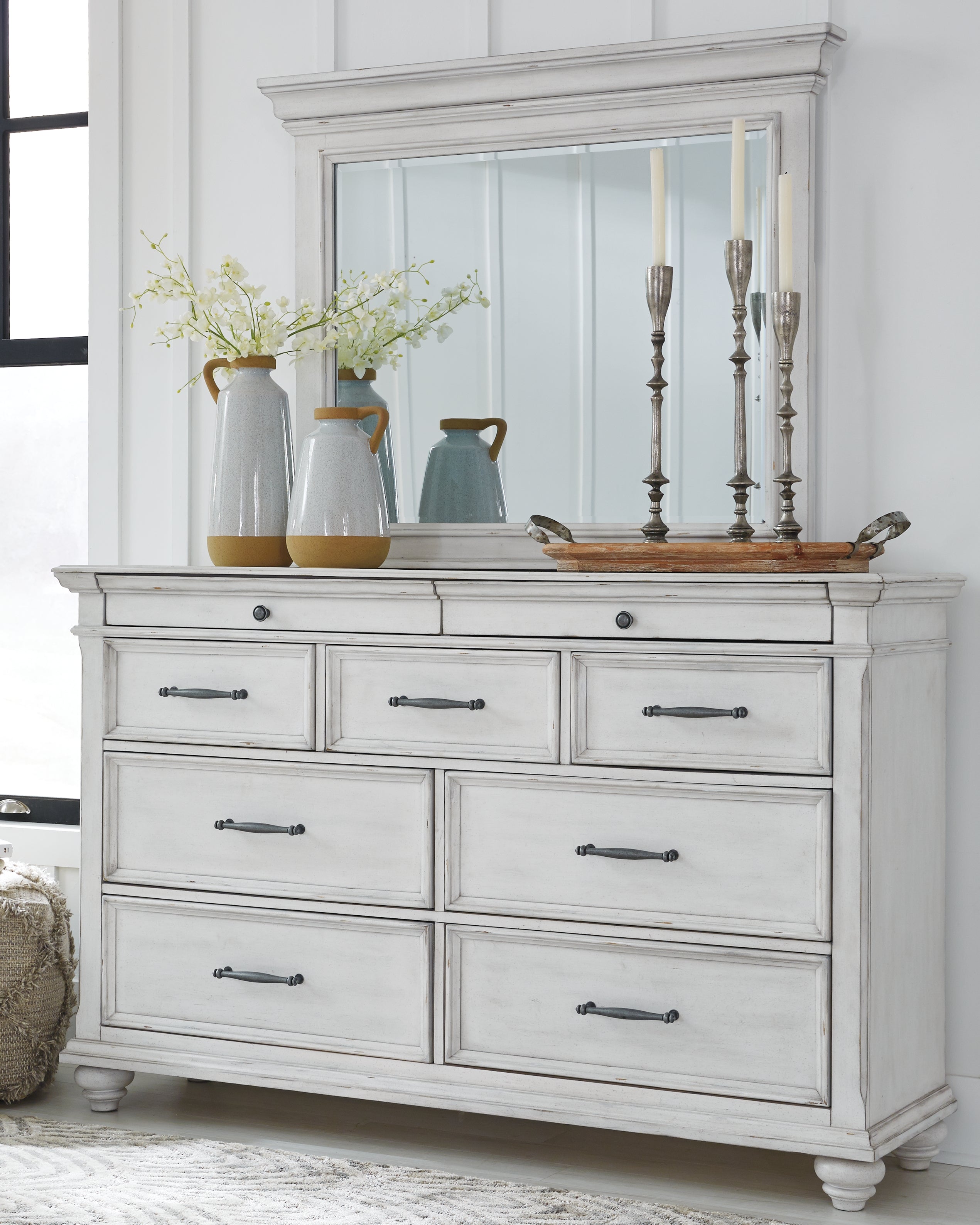 Kanwyn Whitewash King Upholstered Panel Bed, Dresser, Mirror and Chest - B777B18