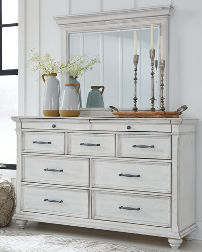 Kanwyn Whitewash King Upholstered Panel Bed, Dresser, Mirror and Chest - B777B18