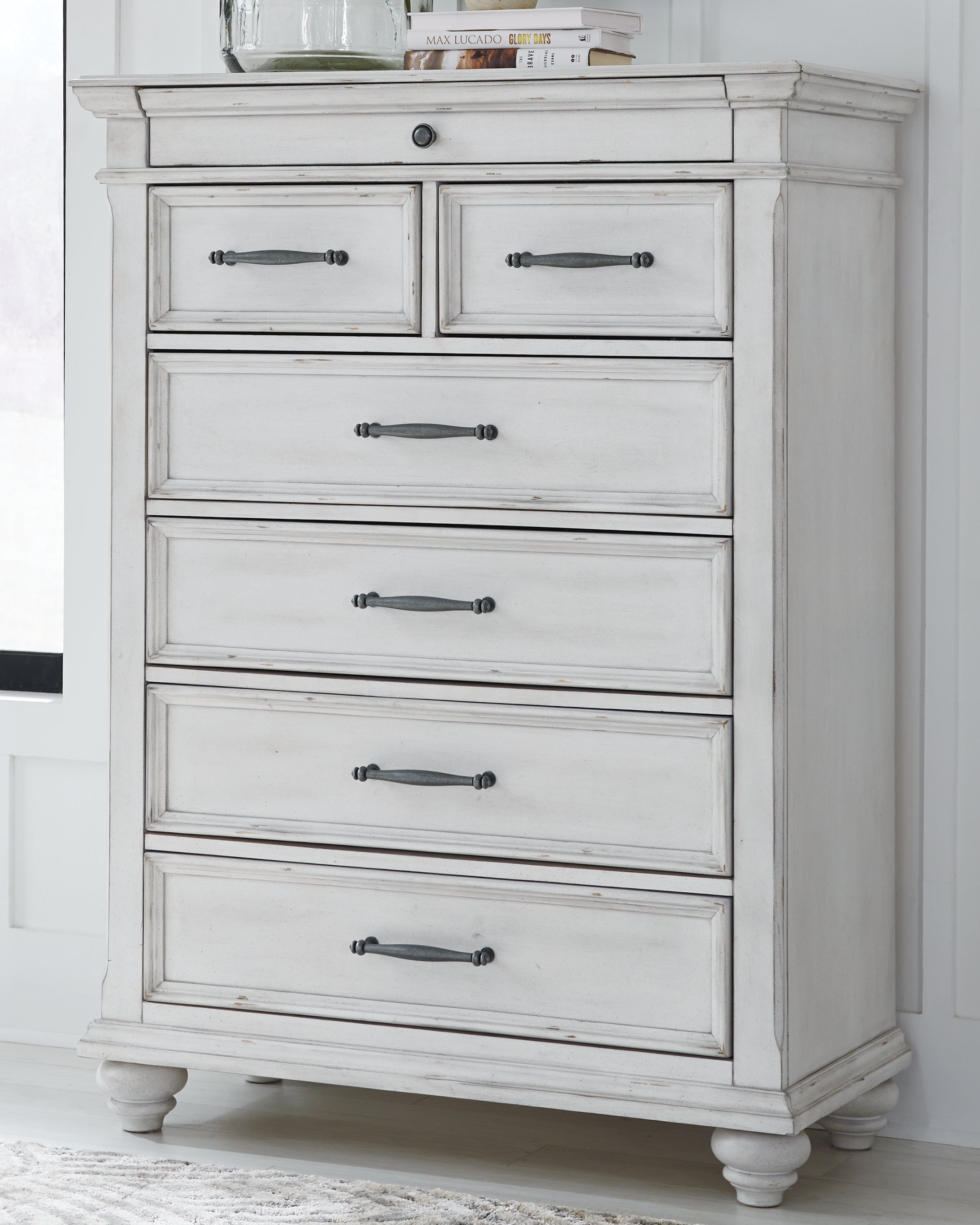 Kanwyn Whitewash King Upholstered Panel Bed, Dresser, Mirror and Chest - B777B18