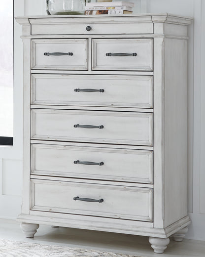 Kanwyn Whitewash King Upholstered Panel Bed, Dresser, Mirror and Chest - B777B18